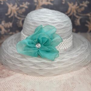 SwanHat NY White Mesh Kentucky Derby Hat Teal Flower Wide Brim Church